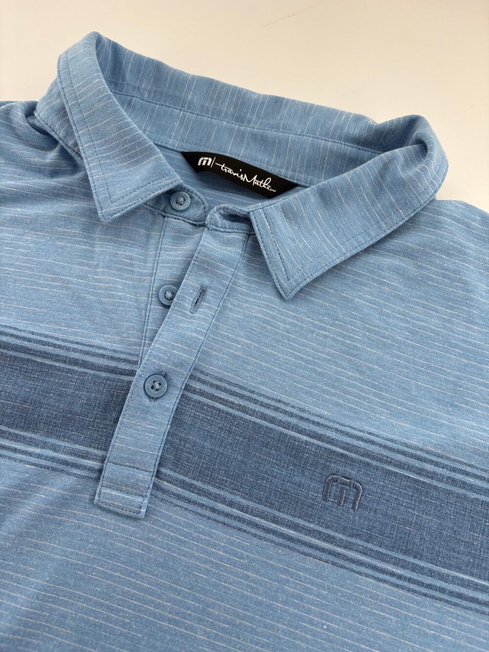 TravisMathew Men's XXL Golf Polo Light Blue Chest Stripe
